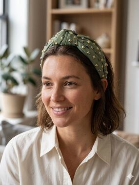 Studded Olive Green Knotted Headband - Edgy Boho Chic